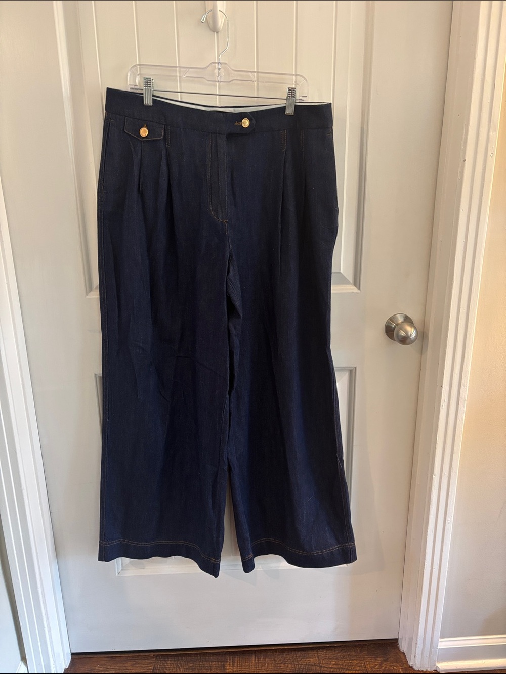 Zara Navy Wide-Leg High-Rise Jeans with Gold Buttons